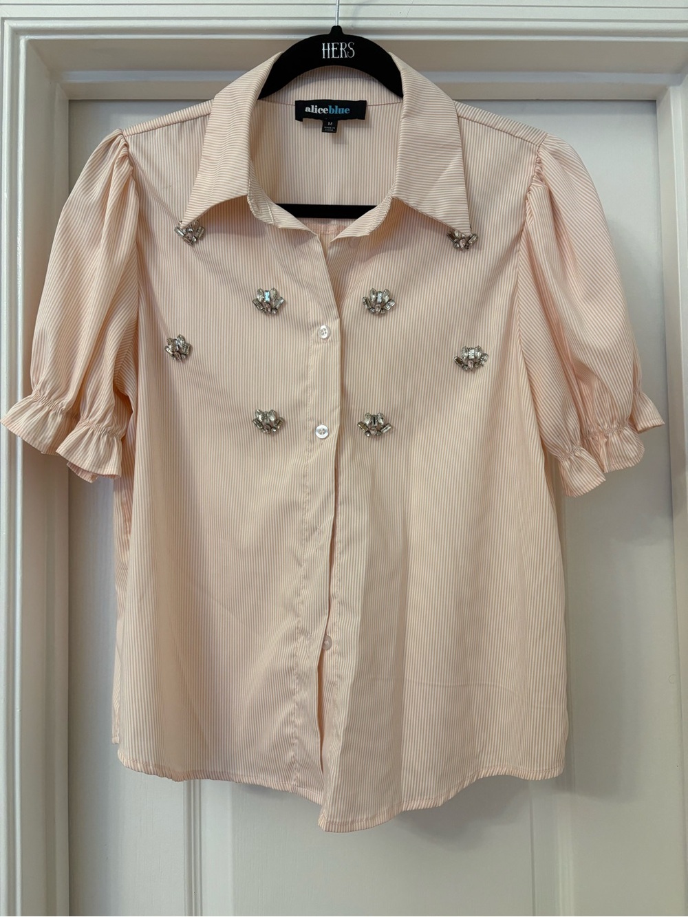 Alice Blue Blush Pink Striped Embellished Button-Up Puff Sleeve Blouse | Size M